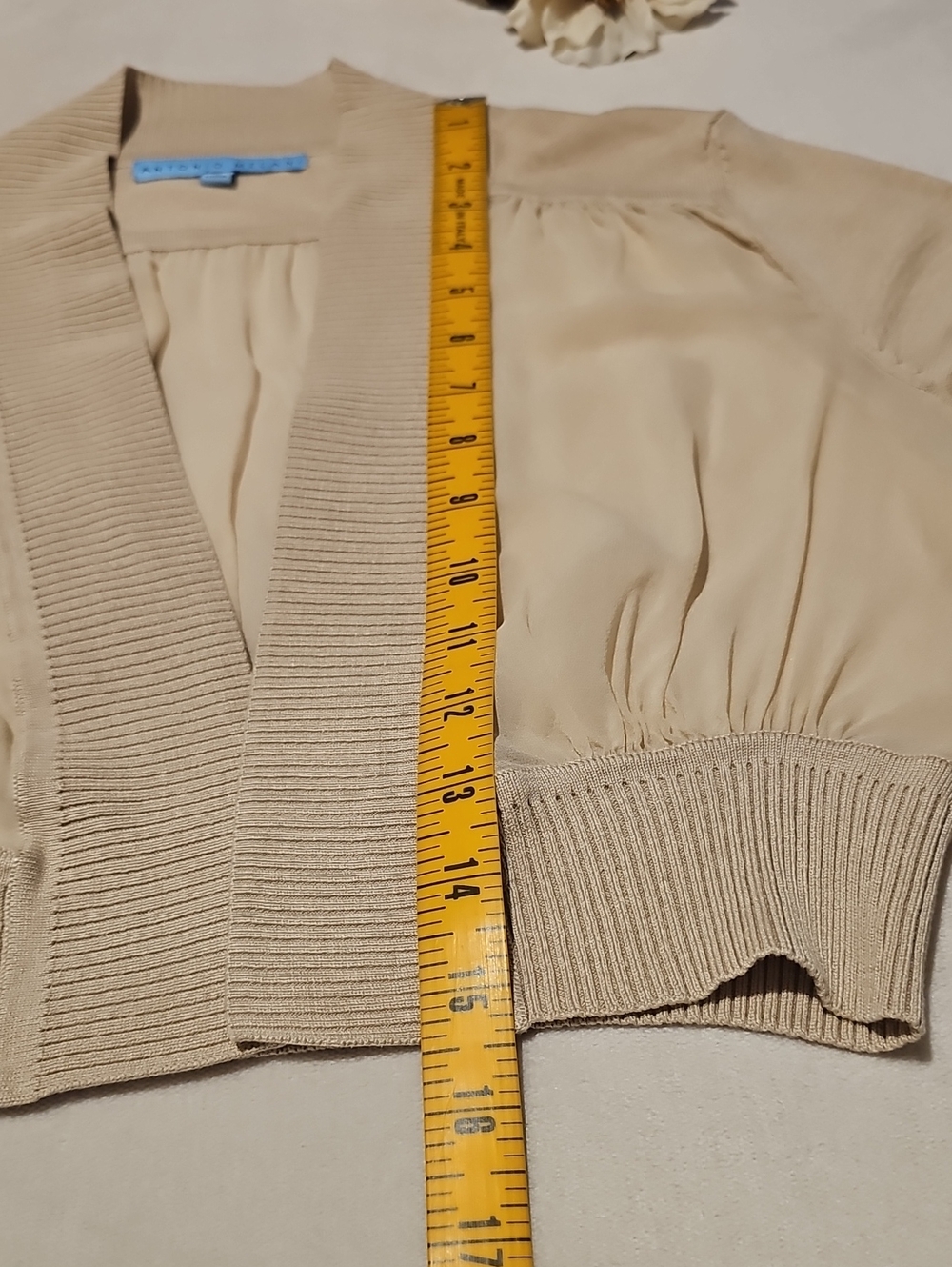 Antonio Melani Beige Chiffon Cropped Bolero Shrug Cardigan w/ Ribbed Trim & Hem - Picture 4 of 7